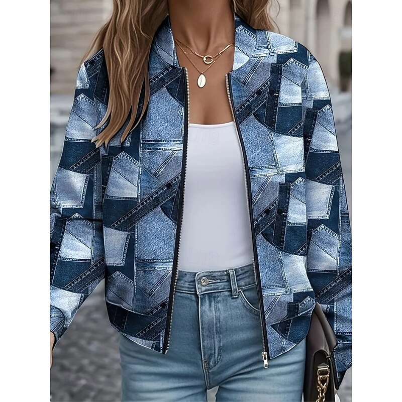 Women's Casual Jacket Warm Quick Dry Zipper Pocket Elegant Fashion Daily Simple Camouflage Vacation Casual Daily Holiday Short Baseball Collar Regular Fit Long Sleeve Outerwear Navy Blue Blue Fuchsia