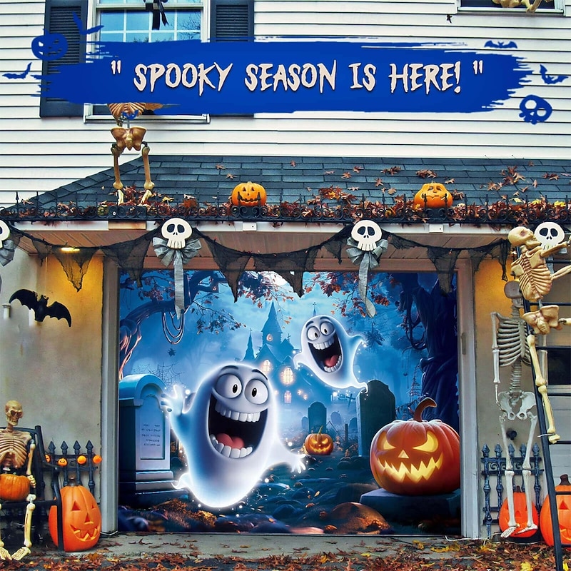 Halloween Garage Door Cover Large Hanging Backdrop Ghost Boo 3D Dark Punk Gothic Style Party Outdoor Shooting Backgrounds Yard Haunted House Home Decor2