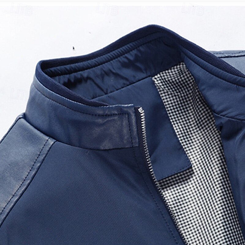 Men's Faux Leather Jacket Biker Jacket Motorcycle Jacket Vacation Daily Windproof Pocket Fall Winter Plain Fashion Classic Stand Collar Regular Wine Dark Blue Jacket4