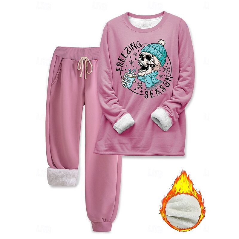 Women's Elegant Warm Fashion Two Piece Sets Tracksuit Pants Sets Long Sleeve Bishop Sleeve Crew Neck Graphic Letter Print Outdoor Vacation Daily Black Pink Dark Pink Fall Regular Fit3