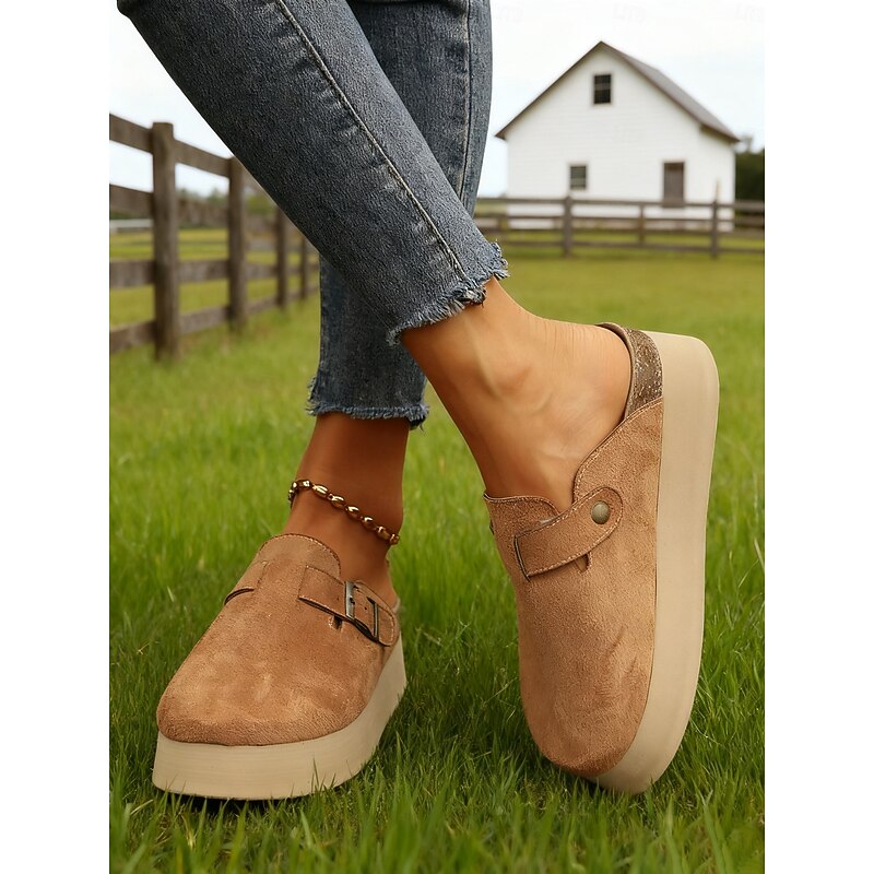 Women's Platform Mule Slip-On Shoes with Adjustable Buckle, Casual Retro Farmhouse Style for Daily Outfits4