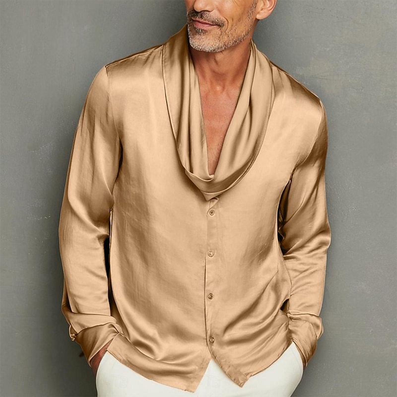 Men's Shirt Satin Shirt Dress Shirt Casual Shirt Button Up Shirt Prom Shirt Plain Formal Wedding Light Blue Royal Blue Gold Gray Long Sleeve Shawl All Seasons Clothing Apparel2