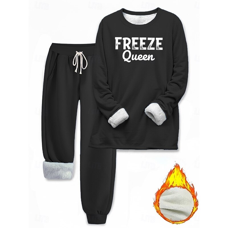 Women's Elegant Warm Fashion Two Piece Sets Tracksuit Pants Sets Long Sleeve Bishop Sleeve Crew Neck Letter Print Outdoor Vacation Daily Black Pink Dark Pink Spring Regular Fit2