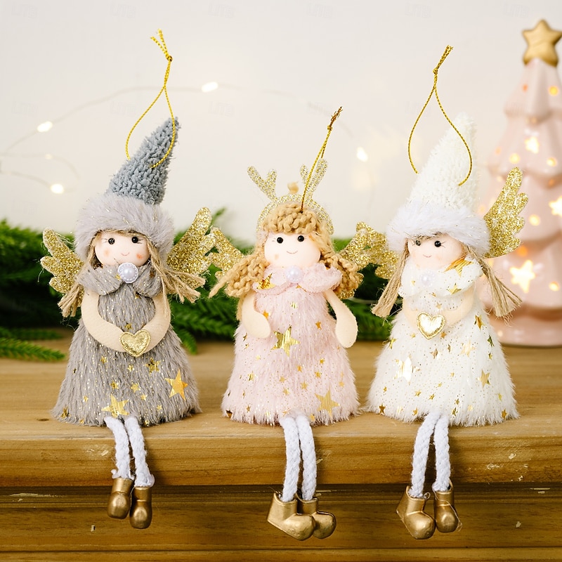3pcs Christmas Angel Ornaments, Reindeer Antler Angel Hanging Decorations, Pink Winged Girl Angel Figurines, Small Tree Ornaments, Holiday Decor4