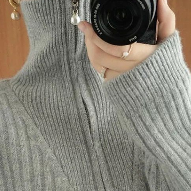 Women's Sweater Fashion Basic Casual Pure Color Ribbed Half Zip Zipper Knitted Long Sleeve Regular Tops Knit Outdoor Daily Weekend Gray Fall Winter2