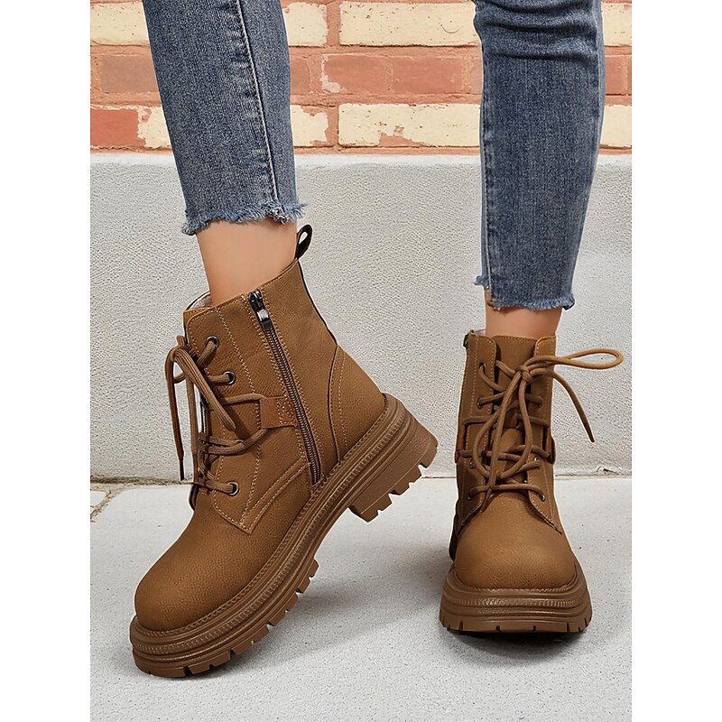 Women's Brown Combat Lace-Up Boots with Thick Sole, Casual Punk Style Ankle Boots for Outdoor and Street Fashion4