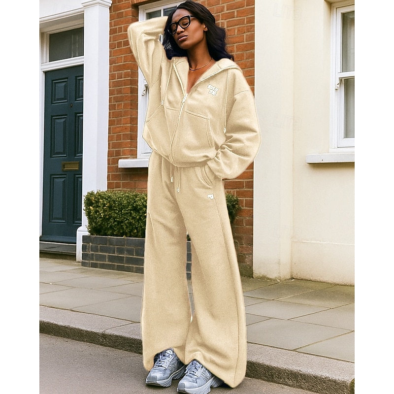 Women's Zip Up Hoodie 2 Piece Tracksuit Sweatsuit Sets Baggy with Pocket Solid Colored Clothing Suit Fall Dark Blue Beige Hiking Vocation Outdoor Lightweight Long Sleeve Sport Activewear Micro-elastic4