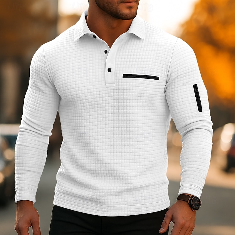 Men's Waffle Polo Shirts Casual Quarter Zip Long Sleeve Fashion Comfortable Solid Color Color Block Pocket Fall Spring &  Fall Regular Fit Black White Navy Blue Orange Waffle Polo Shirts2