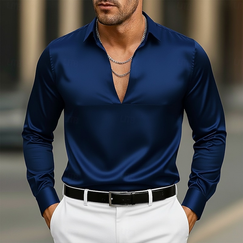 Men's Shirt Satin Shirt Dress Shirt Casual Shirt Button Up Shirt Prom Shirt Plain Formal Wedding Light Blue Black White Navy Blue Long Sleeve V Neck All Seasons Clothing Apparel