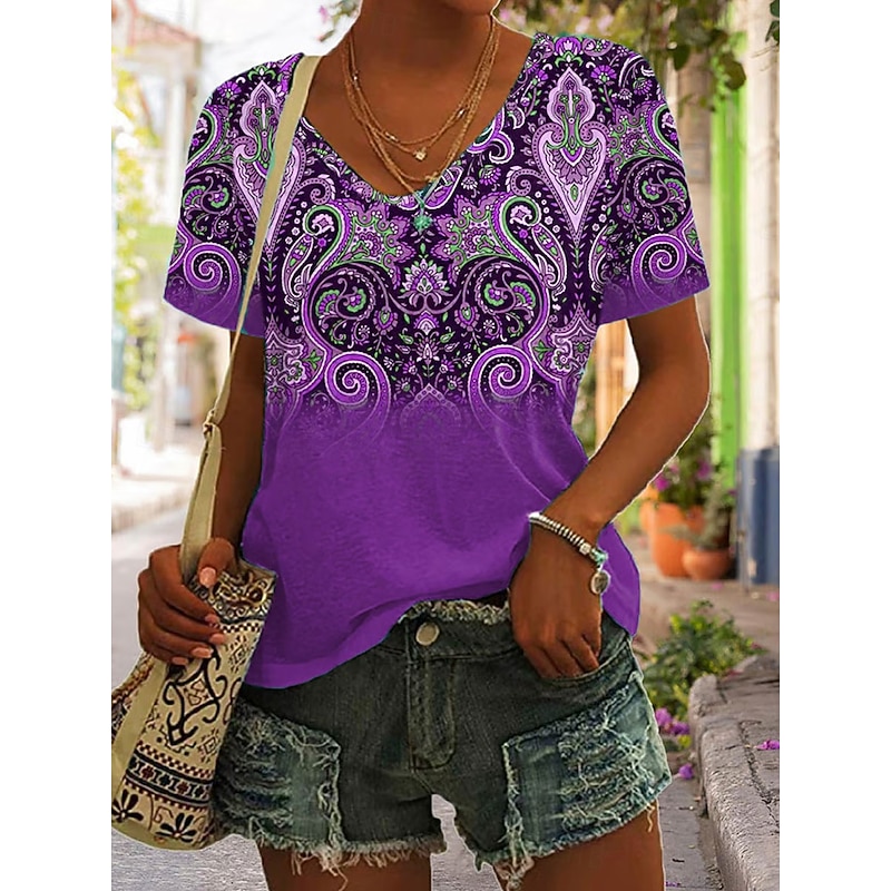Women's T Shirt Graphic Geometric Tribal Bohemia Vintage Stylish Short Sleeve V Neck Regular Tops Daily Going out Weekend Print Blue Purple Green Khaki Summer Spring Fall2