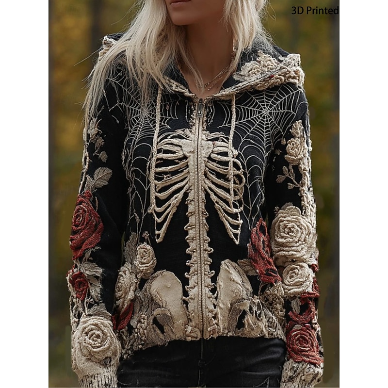 Women's Zip Up Hoodies Graphic Skull Punk Active Vintage Long Sleeve Hooded Regular Tops Home Dailywear Casual Patchwork Black Fall Winter