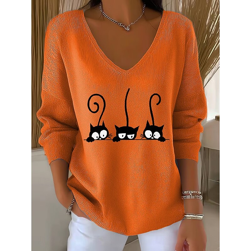 Women's Sweater Pullover Fashion Streetwear Casual Graphic Animal V Neck Oversized Knitted Long Sleeve Regular Tops Knit Outdoor Daily Pink Orange Spring Fall