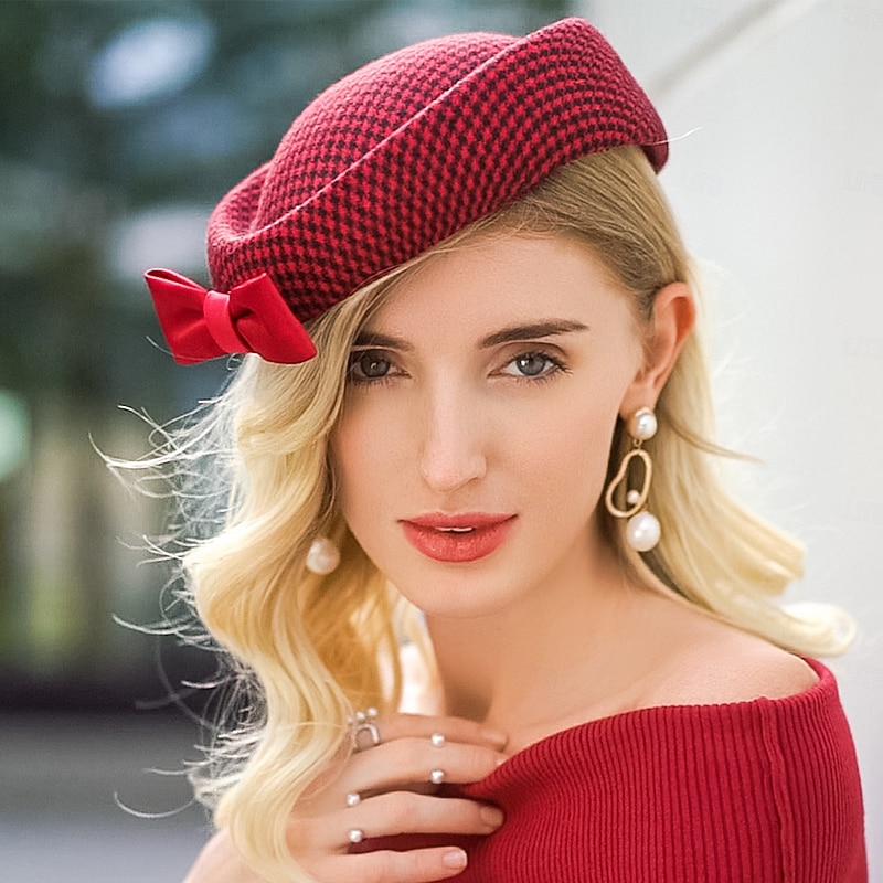 Hats 100% Wool Beret Hat Pillbox Hat Wedding Cocktail Elegant Wedding With Bowknot Headpiece Headwear