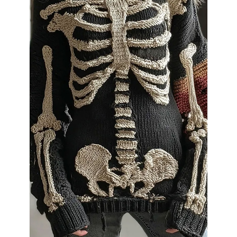 Halloween Women's Sweater Skeleton  Cute Streetwear Casual Graphic Skeleton Crew Neck Patchwork Knitted Long Sleeve Regular Tops KnitBlack Fall Winter3