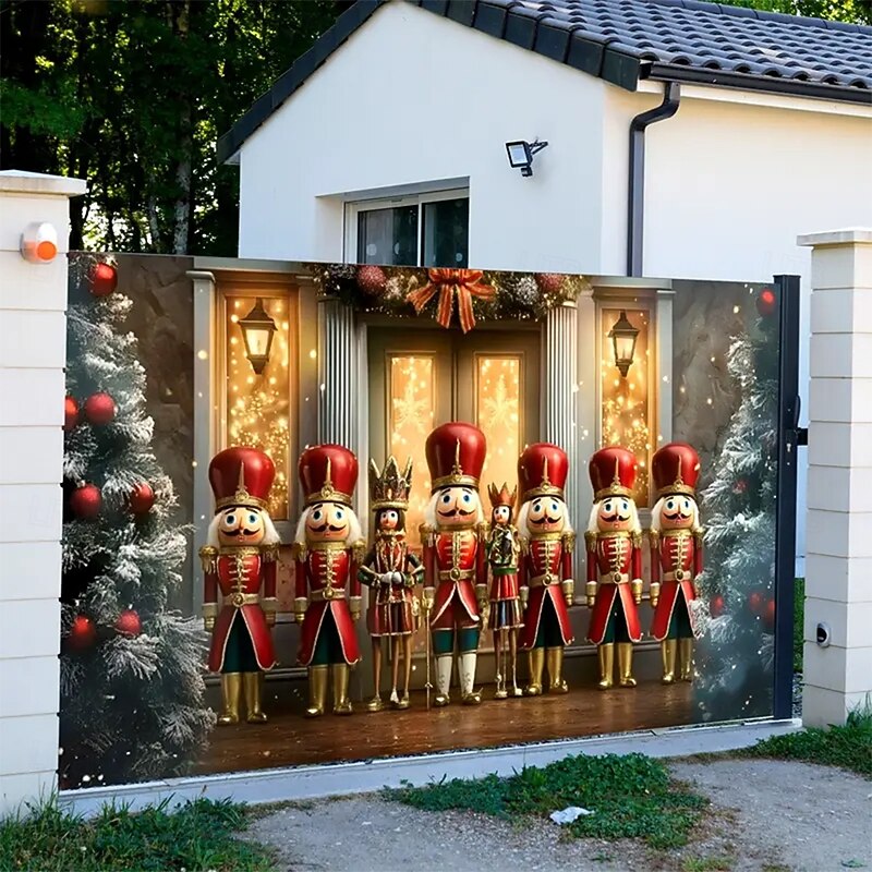 Christmas Tapestry Garage Door Cover Large Hanging Backdrop Gift Walnut Soldiers Cute 3D Party Outdoor Holiday Shooting Backgrounds Yard Home Decor3