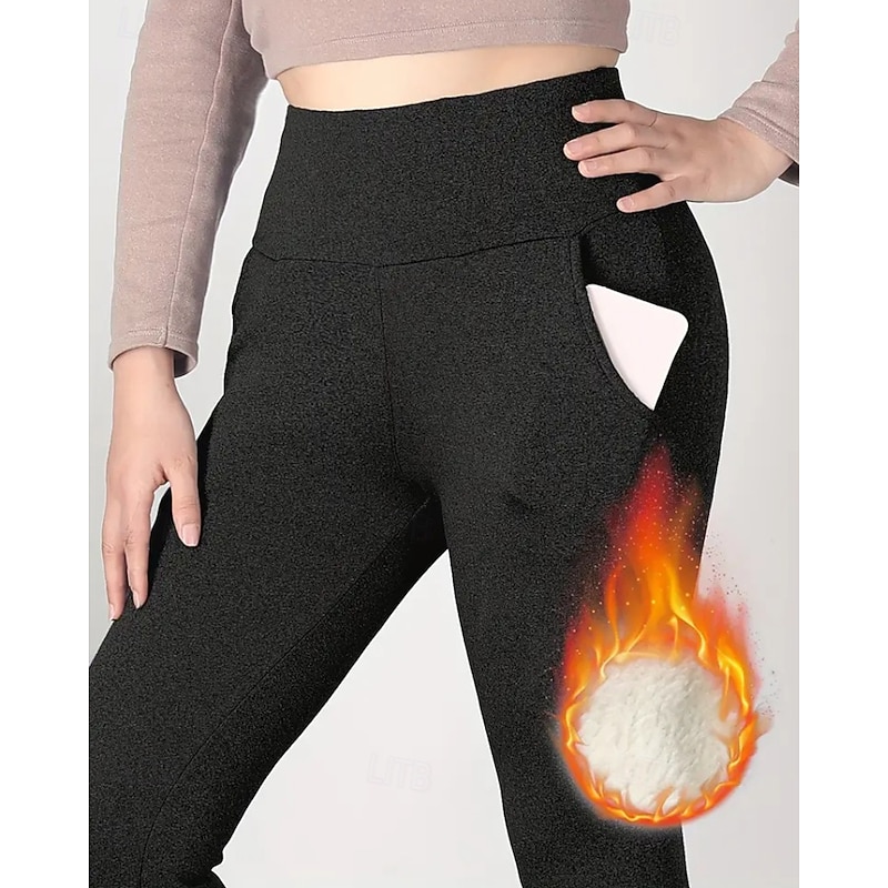 Women's Chinos Leggings Cozy Fleece Lined Casual Full Length Medium Waist Plain Pocket Elastic Waist Warm Comfortable Stretchy Outdoor Vacation Daily Wear Black Grey Light Gray Dark-Gray Fall Winter