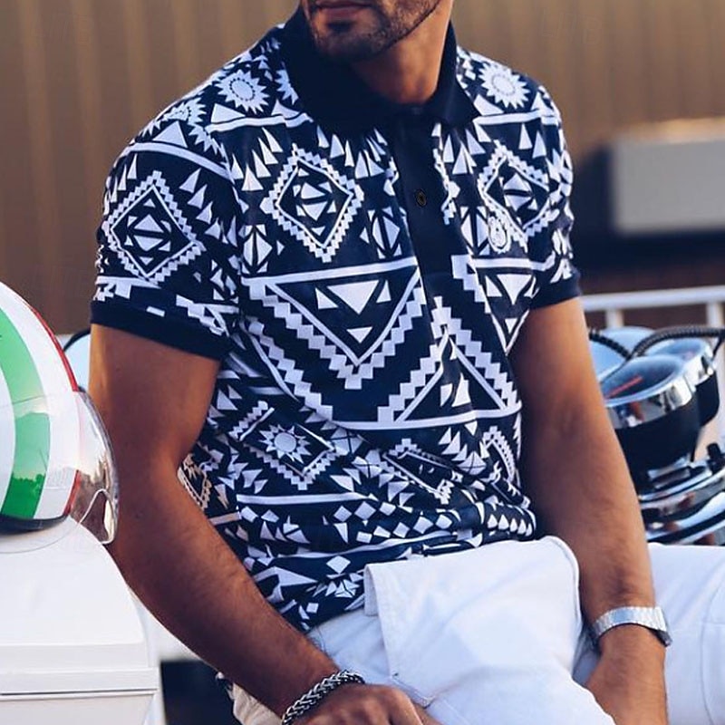 Men's Tribal Polo Shirts Golf Shirt Short Sleeve Polo Shirts Collared Shirts Vintage Casual Vacation Wear Festival Wear Party Outfits Buttons 3D Print Black Royal Blue Brown