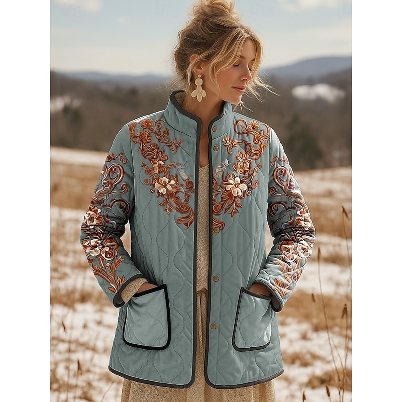 Women's Winter Jacket Quilted Jacket Warm Lightweight Print Active Vintage Cute Artistic Floral Casual Regular Stand Collar Regular Fit Long Sleeve Outerwear Blue Purple Green Fall Winter