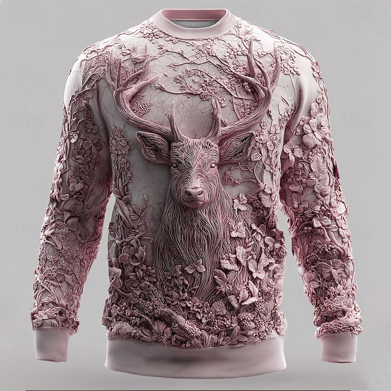 Men's 3D Print Deer Sweatshirt Casual Crew Neck Vacation Party Gift Red Blue Crewneck 3D All Seasons Designer3
