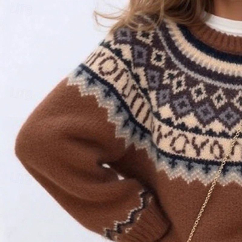 Women's Sweater Fair Isle Sweater Pullover Fashion Casual Geometric Ribbed Crew Neck Knitted Print Long Sleeve Regular Tops Knit Christmas Outdoor Daily Coffee Fall Winter2