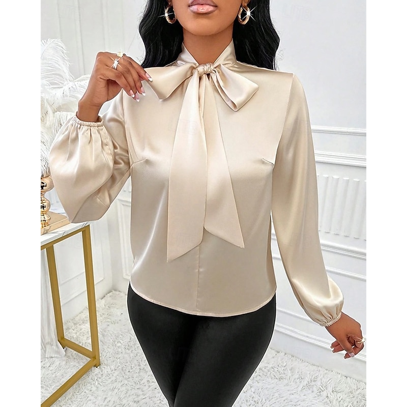 Women's Shirt Elegant Dressy Satin Solid Color Elegant Stylish Basic Long Sleeve Tie Neck Regular Tops Daily Going out Bow Apricot Spring Fall4
