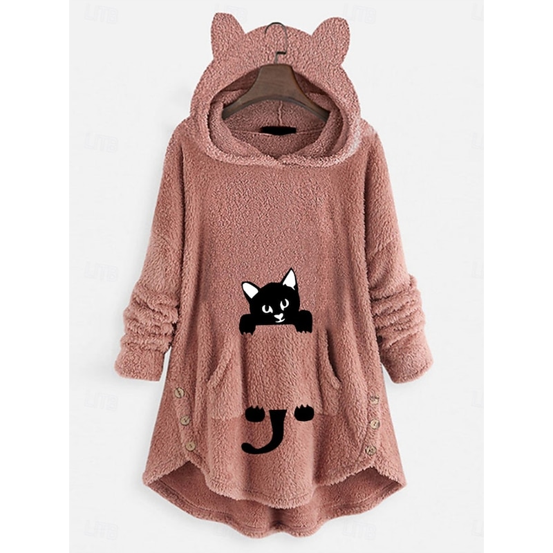 Women's Pullover Hoodie Sweatshirt Cat Casual Long Sleeve Hooded Long Tops Street Dailywear Casual Buttons Print Front Pocket Pink Wine Gray Fall Winter3