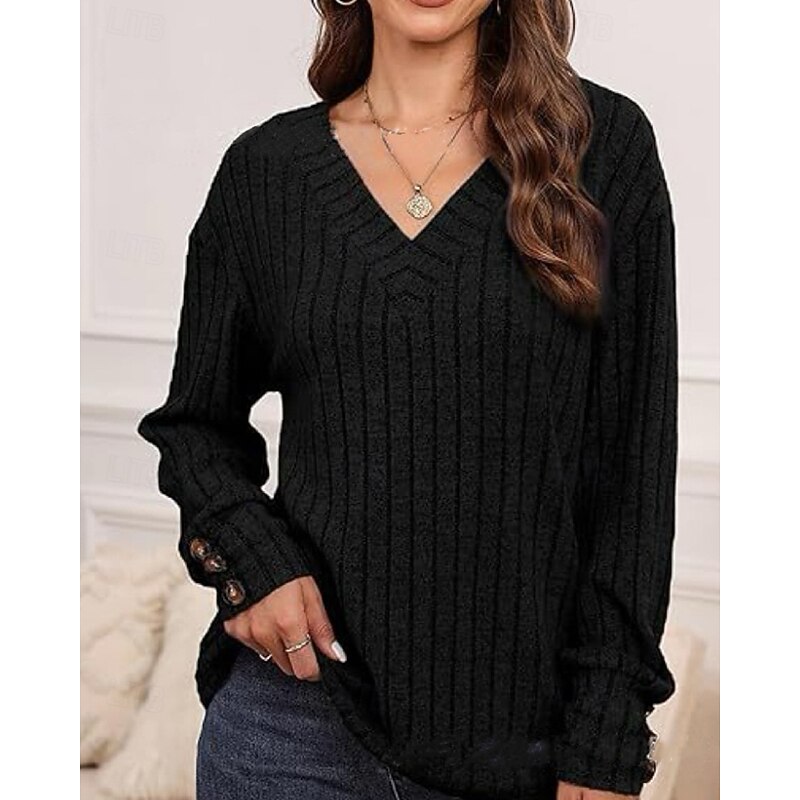 Women's Shirt Blouse Plain Casual Long Sleeve V Neck Regular Tops Daily Holiday Going out Buttons Black Khaki Rose Pink Fall Winter2