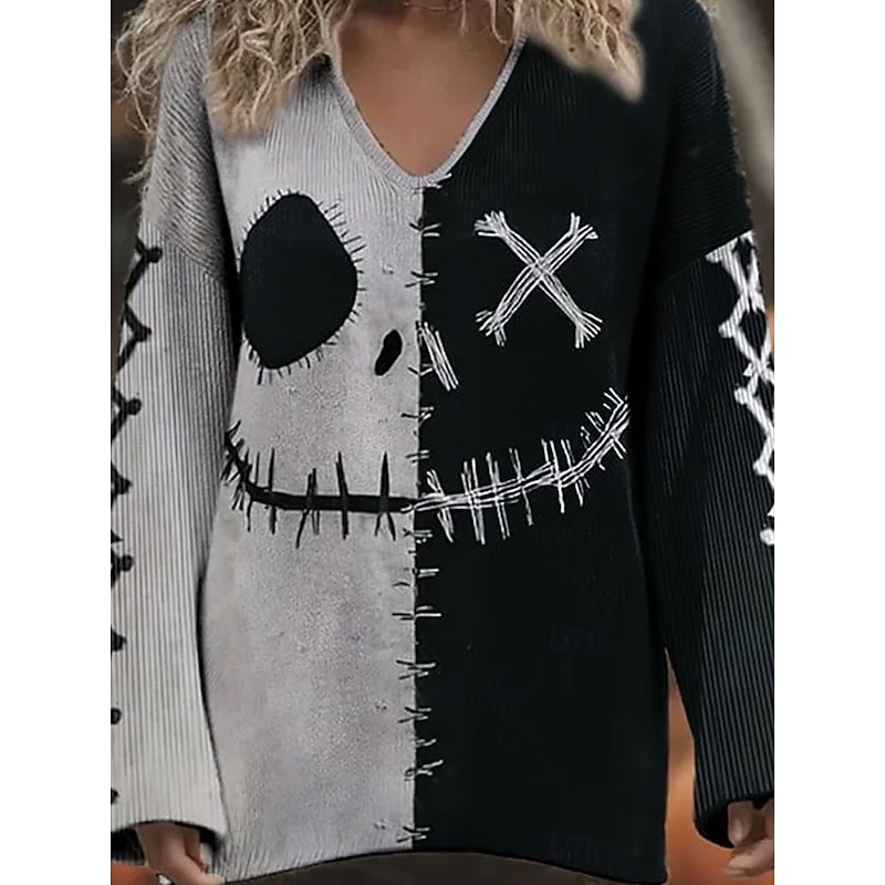 Women's Sweater Vintage Streetwear Cool Graphic Color Block V Neck Print Long Sleeve Regular Tops Knit Halloween Gray Fall Winter3