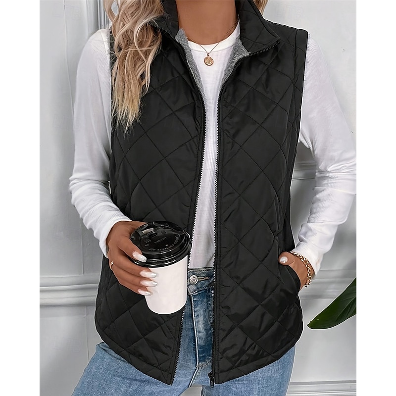 Women's Puffer Jacket Quilted Jacket Casual Jacket Comfortable Breathable Zipper Pocket Casual Plain Vacation Street Casual Daily Wear Zipper Regular Turndown Regular Fit Sleeveless Outerwear Black4