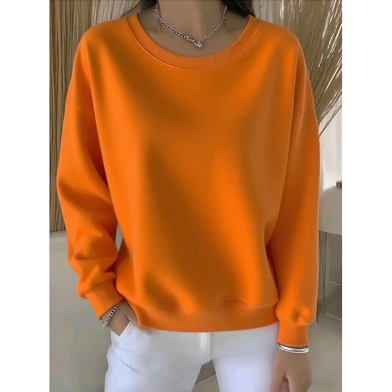 Women's Pullover Sweatshirt Plain Casual Long Sleeve Round Neck Regular Tops Home Work Street White Pink Orange Green Spring2