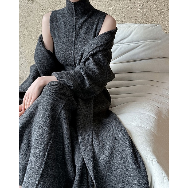 Women's Long Dress Maxi Dress Sweater Dress Knit Dress Casual Dress Dress Set Elegant Fashion Modern Outdoor Daily Going out Regular Fit Plain Long Sleeve Turtleneck Stand Collar Dark Gray Winter3