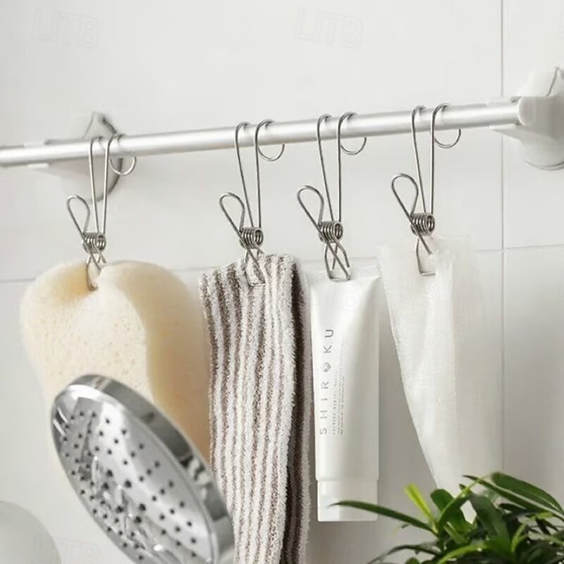 25pcs Stainless Steel Clothes Pins Hook Clip Durable Hanging Clips Multipurpose Curved Hook Clamps For Kitchen Bathroom Storage Household Laundry Sock Drying Organizer Reusable Metal Clips2