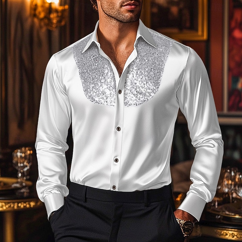 Men's Satin Shirt Dress Shirt Casual Shirt Button Up Shirt Prom Shirt Disco Shirt Plain Formal Wedding Black White Red Blue Long Sleeve Lapel Spring & Fall All Seasons Clothing Apparel Sequins