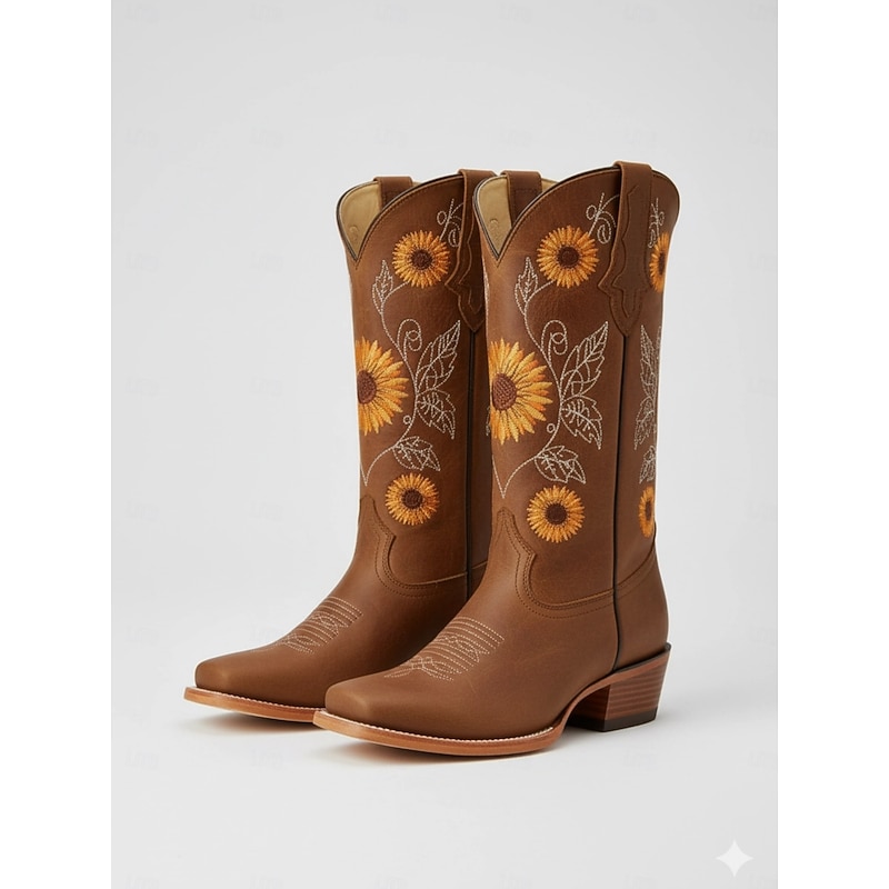 Women's Western Cowboy Boots with Sunflower Embroidery – Vintage Faux Leather Festival Boots with Belt Detail for Music Festivals and Casual Wear4