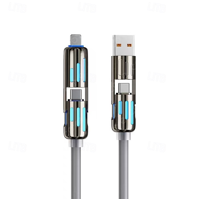 4-in-1 USB Charging Cable Fast Charging Max 60w for USB C/USB-A/Type-C/Lightnin Connectors, LED Indicator Cable for iPhone 17/16/15, Samsung iPad Android MacBook Power Bank