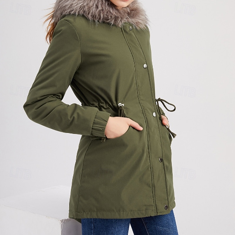 Women's Winter Coat Parka Warm Comfortable Zipper Pocket Fur Collar Casual Plain Outdoor Vacation Daily Wear Going out Long Hooded Regular Fit Long Sleeve Outerwear Navy Gray Pink Black Fall Winter4