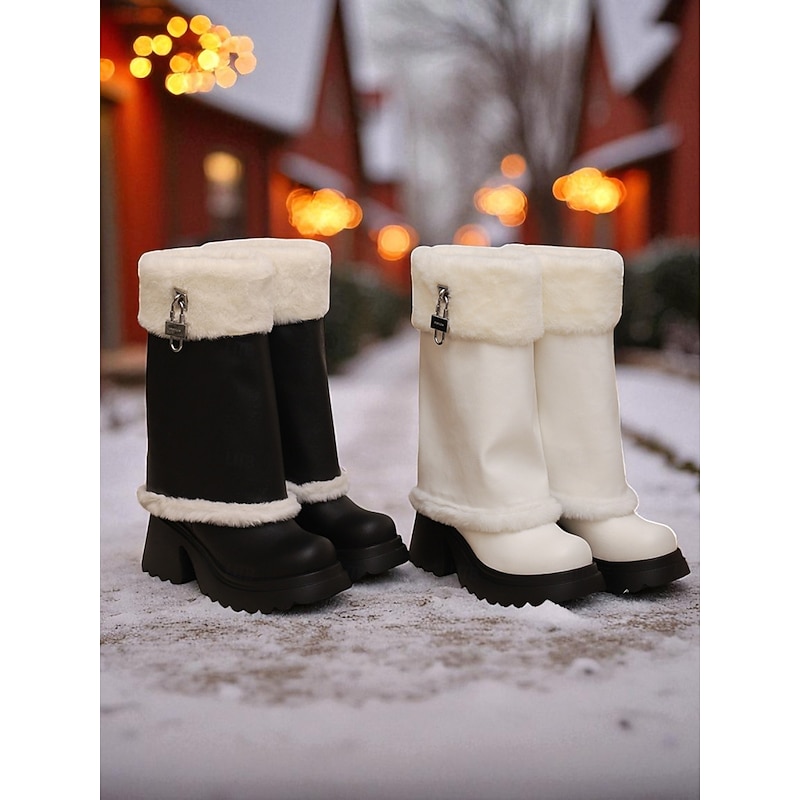 Women's Faux Leather Knee High Winter Boots with Faux Fur Trim and Block Heel - Warm Fashion Snow Boots for Ladies, Casual Streetwear, Outdoor & Holiday Outfits