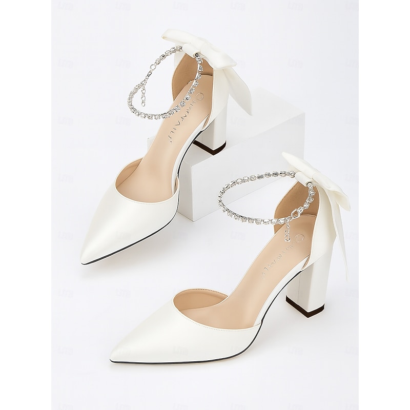 Women's Satin Block Heel Pumps - Elegant Pointed Toe Ankle Strap High Heels with Bow for Wedding and Formal Occasions3