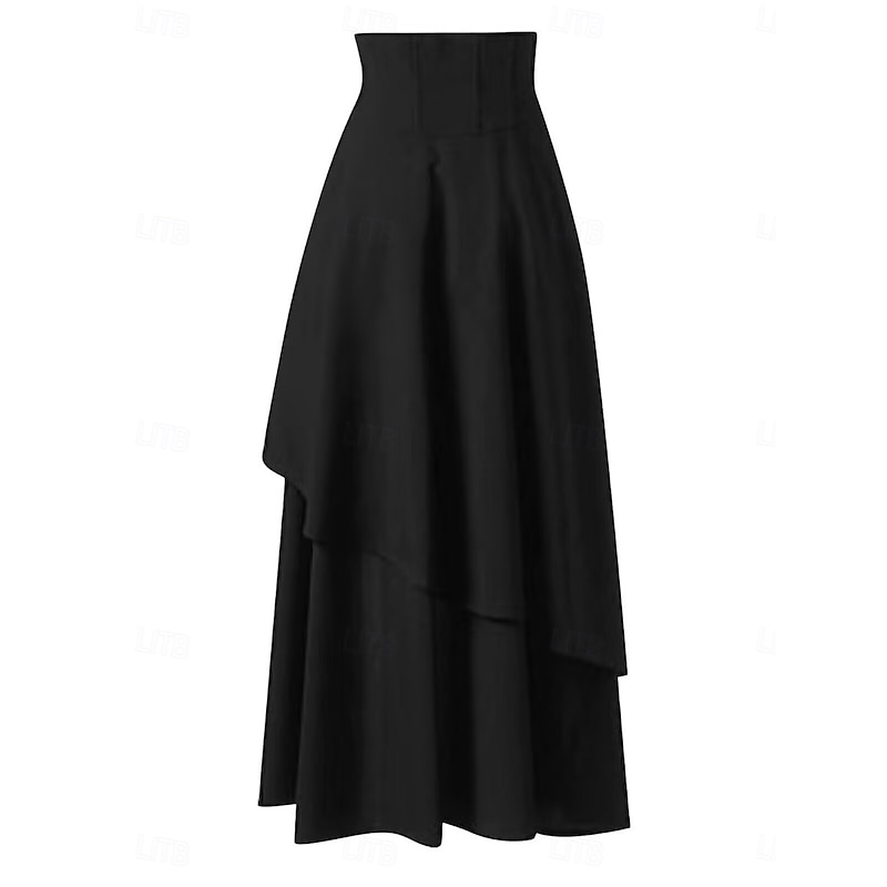 Women's Skirt A Line Vintage Fashion Casual Maxi High Waist Skirts Plain Irregular Hem Micro-elastic Street Daily Wine Black Red Brown Spring Polyester2