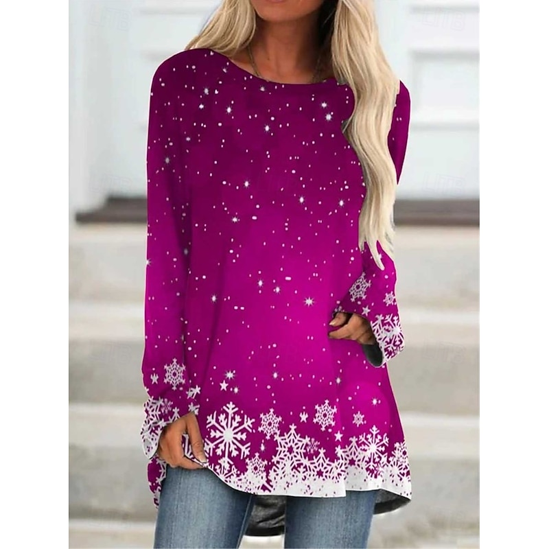 Christmas Women's T Shirt Graphic Snowflake Christmas Vintage Stylish Classic Long Sleeve Crew Neck Long Tops Daily Going out Weekend Print Red Blue Fuchsia Green Khaki Spring Fall Winter4