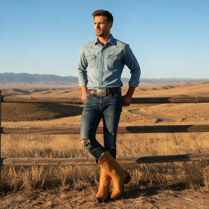 Men's Brown Faux Leather Western Cowboy Boots with Classic Embroidery - Durable and Stylish Rodeo Boots for Country and Outdoor Wear3