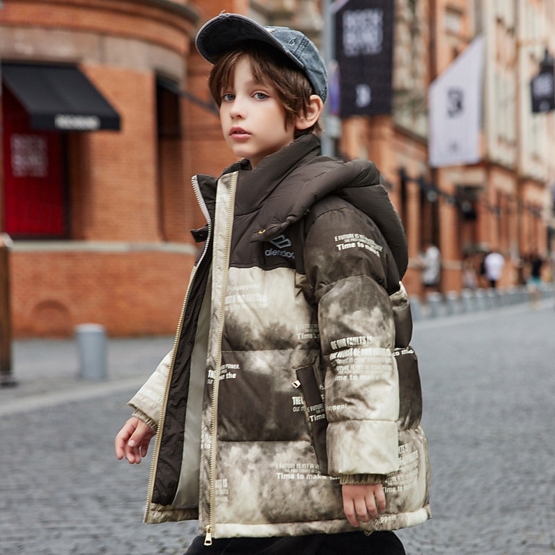 Kids Unisex Down Jacket Outdoor Jacket Puffer Jacket Outerwear Color Block Letter Long Sleeve Keep Warm Windproof Coat Outdoor Daily Basic White Brown Khaki Fall Winter 4 years+
