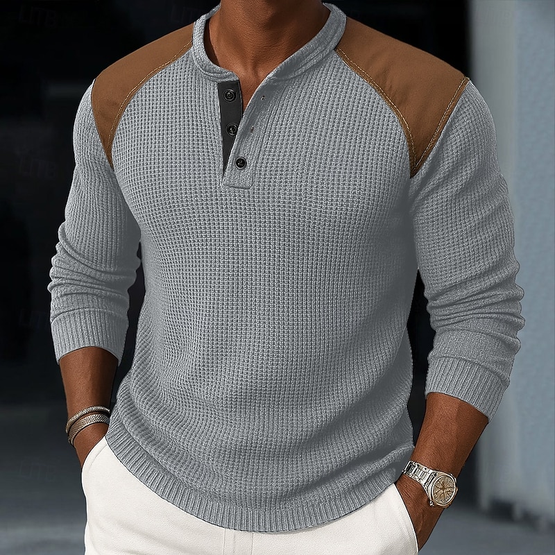 Men's Waffle Henley Shirt Tee Top Long Sleeve Henley Spring &  Fall All Seasons Color Block Fashion Designer Basic Plain Vacation Street Casual Black White Navy Blue Top Tee for Men