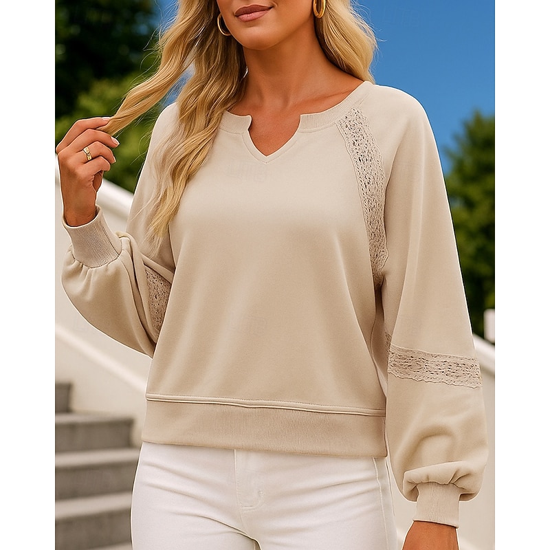 Women's Pullover Sweatshirt Lounge Top Lace Long Sleeve Top Athleisure Fall V Neck Solid Colored Fashion Outdoor Travel Sports Sportswear Activewear Black Blue Green3