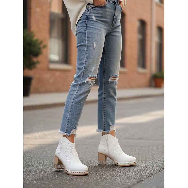 Women's White Leather Western Ankle Boots - Studded Trim, Embroidered Design, and Chunky Wooden Heel for Trendy Casual Outfits