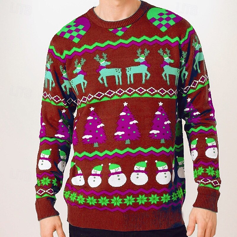 Christmas Men's Elk Geometic Pullover Sweater Jumper Fair Isle Sweater Knitwear Crewneck Casual Vacation Daily 3D Print Keep Warm Long Sleeve Spring Fall Winter Red -1 Red -2 Red -34