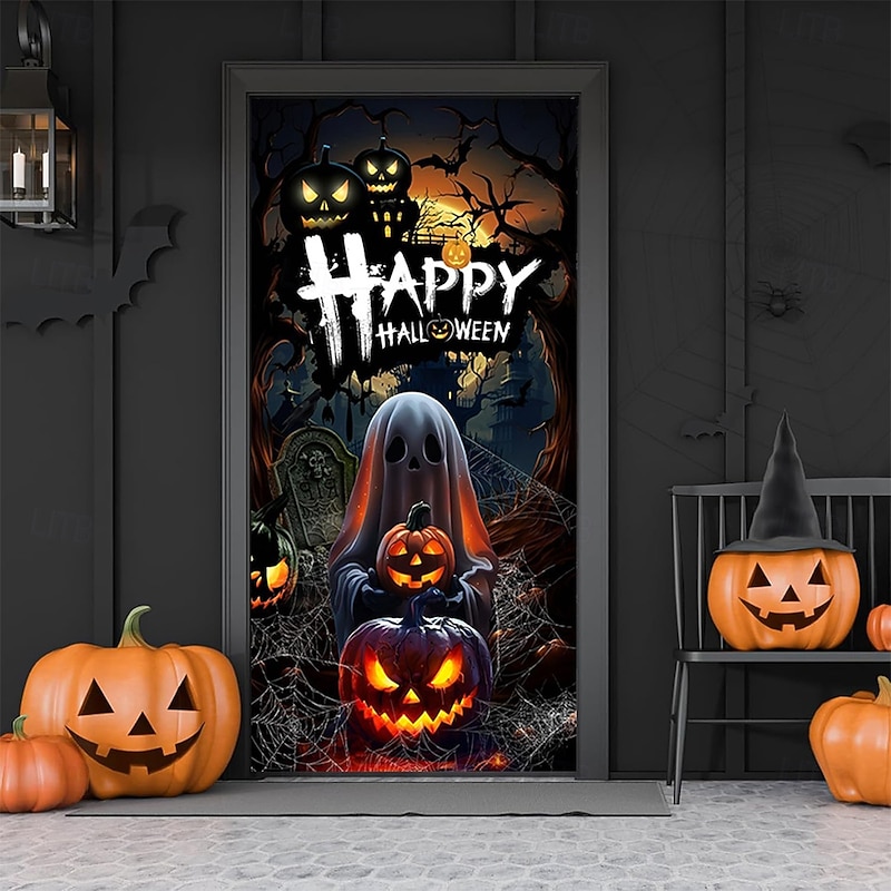 Halloween Door Cover Outdoor Banners Pumpkin Ghost Cemetery Psychedelic Dark Punk Gothic Style Party Outdoor Shooting Backgrounds Front Door Wall Porch Home Decor2