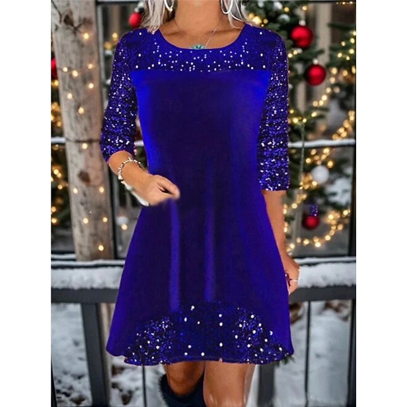 Christmas Women's Mini Dress A Line Dress Casual Daily Regular Fit Plain Long Sleeve Crew Neck Wine Royal Blue Green Spring Fall Winter2