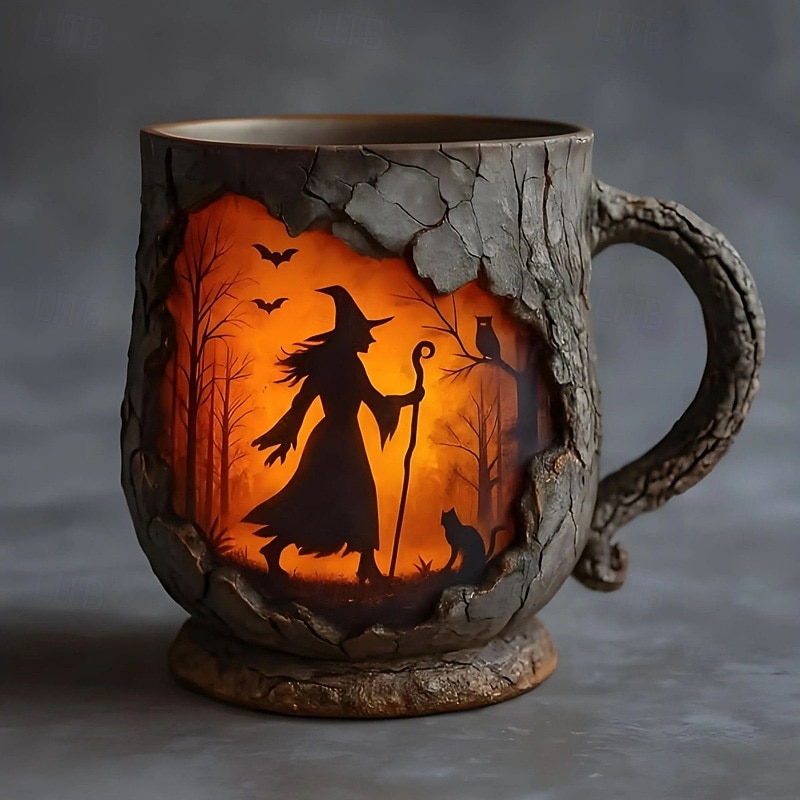 Witch Forest Fire Mug - 3D Vintage Halloween Coffee Cup with Bigfoot Silhouette Nature and Camping Theme Ceramic Mug Collector's Drinkware for Halloween, Monster & Nature Enthusiasts