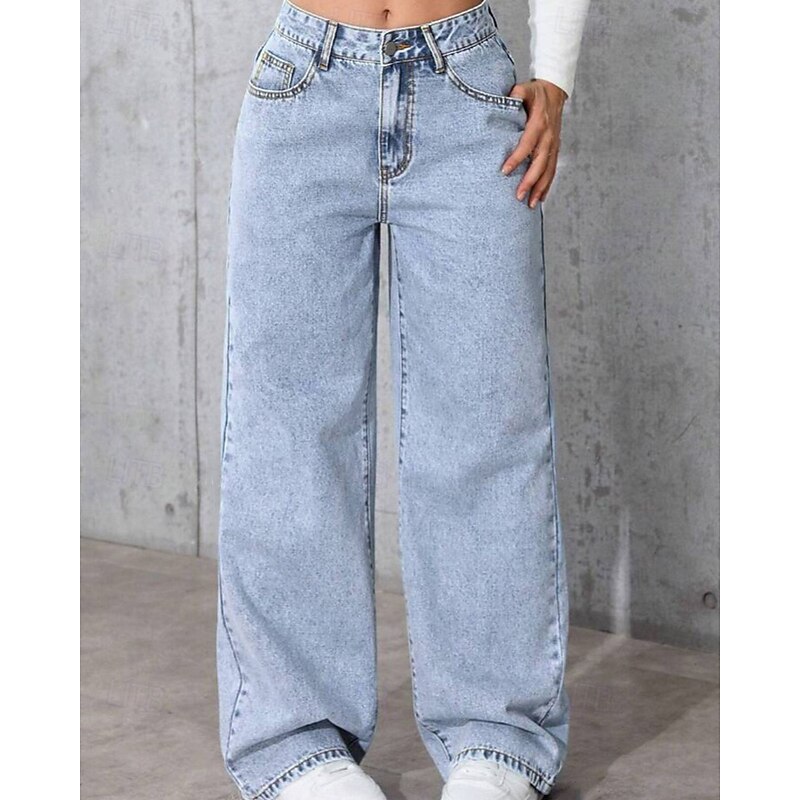 Women's Jeans Culottes Wide Leg Chinos Streetwear Casual Full Length Medium Waist Plain Pocket Elastic Waist Comfortable Micro-elastic Outdoor Vacation Street Pink Blue Dusty Blue Fall Winter Regular2